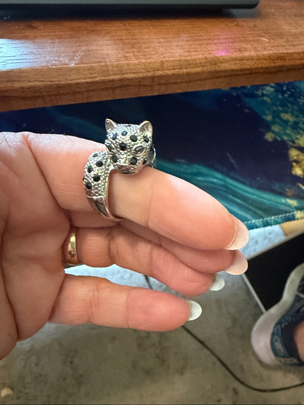 Silver Cat Wrap Ring with Black Stones
